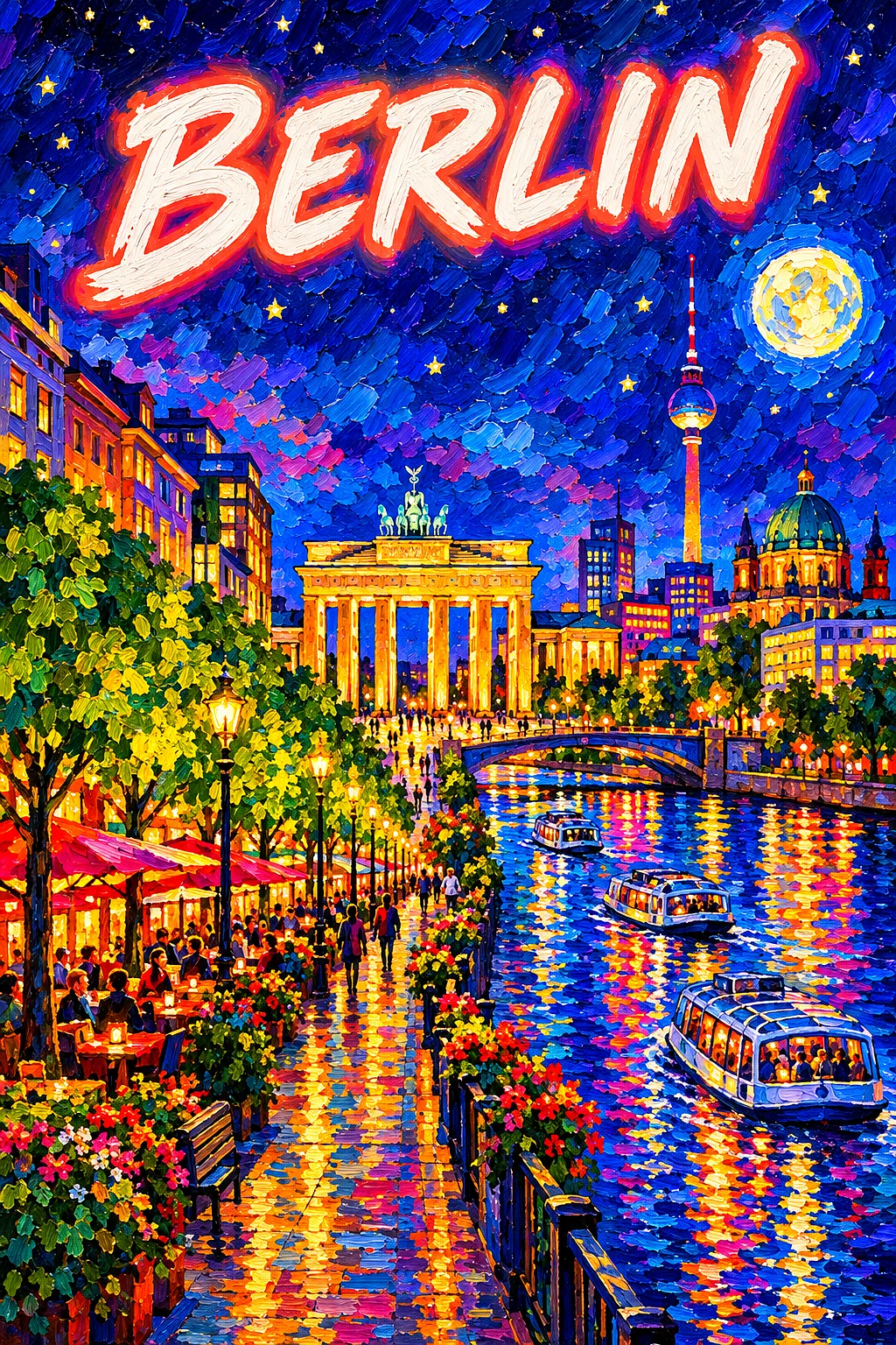 Berlin by night Germany: a wide boulevard leading to a classical columned gate with linden trees, cafes and a river of tour b