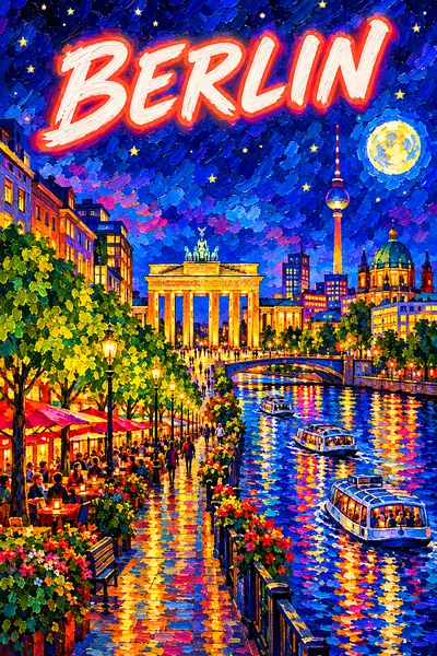 Berlin by night Germany: a wide boulevard leading to a classical columned gate with linden trees, cafes and a river of tour b