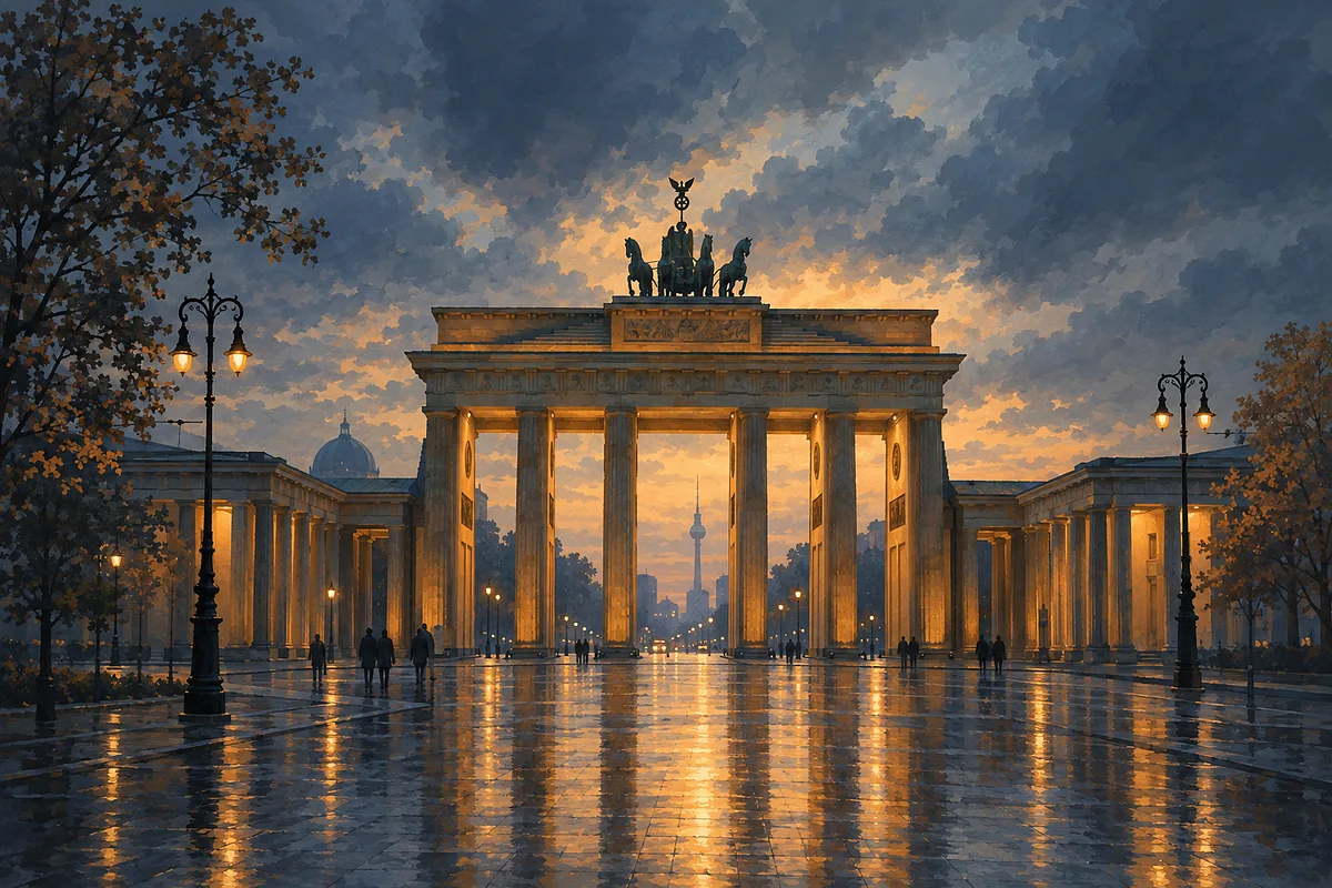A wide, landscape-oriented diamond painting kit design showing a grand stone gate with arches, illuminated by soft amber lights against a deep muted b