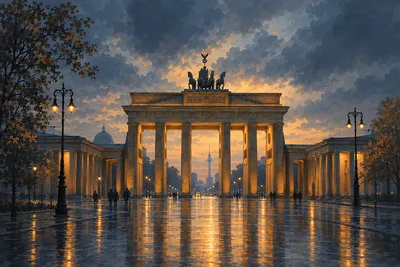 A wide, landscape-oriented diamond painting kit design showing a grand stone gate with arches, illuminated by soft amber lights against a deep muted b