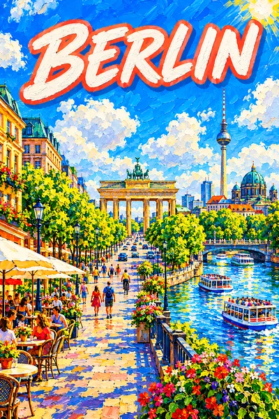 Portrait diamond painting of a wide, sunny Berlin boulevard leading to a classical columned gate with linden trees, cafes, and tour boats on a river u