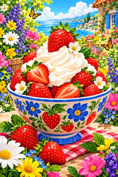 Whimsical illustration of ripe red strawberries with white cream, surrounded by colorful, glowing flowers on a dark background, in a portrait orientat