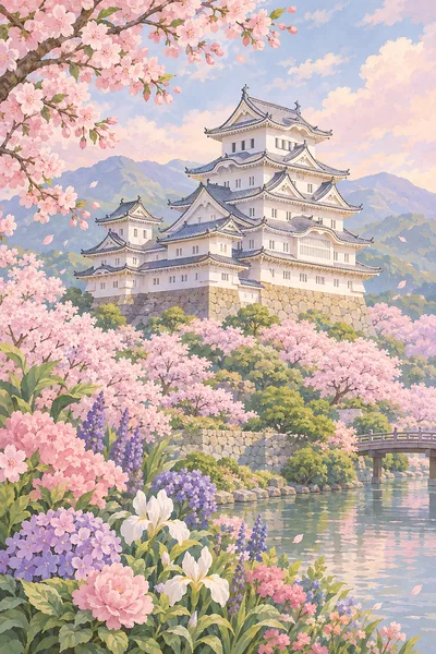 Portrait diamond painting of a majestic white castle with multiple tiers, surrounded by abundant powder pink cherry blossoms and colorful flowers, ren