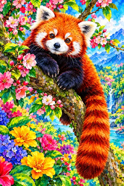 Portrait diamond painting of a red panda with vibrant fur, nestled in a tree full of colorful, luminous watercolor blossoms with crisp edges.