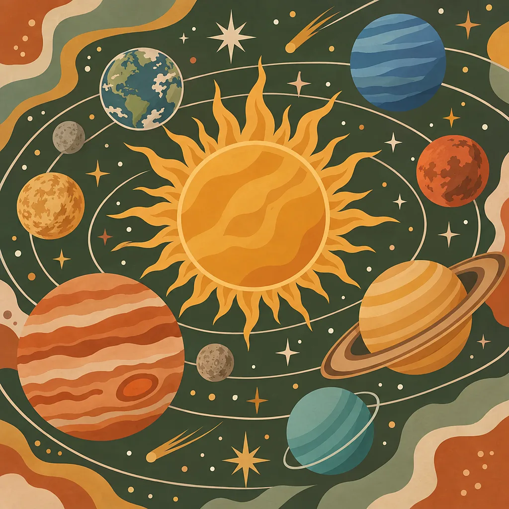 Close-up square diamond painting canvas with a modern boho illustration of the solar system in terracotta, sage, mustard, and sand tones, showing simp