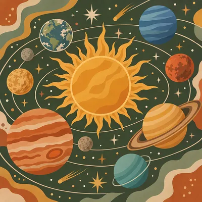 Close-up square diamond painting canvas with a modern boho illustration of the solar system in terracotta, sage, mustard, and sand tones, showing simp