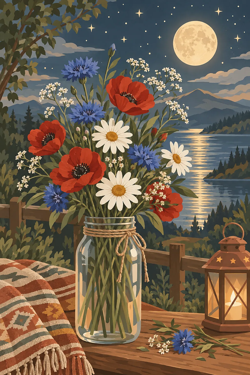 Portrait diamond painting kit canvas showing three mason jars filled with red, white, and blue flowers in a modern boho style under a glowing moon and