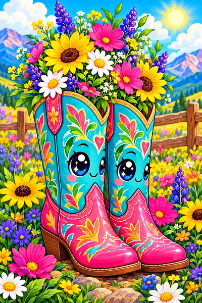 Adorable kawaii style cowboy boots with big sparkling eyes and rounded shapes, surrounded by colorful wildflowers in candy colors on a portrait canvas