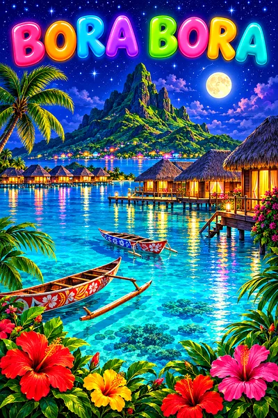 Portrait diamond painting of overwater bungalows and outrigger canoes in a turquoise lagoon below a green volcanic peak, at night under a starry indig
