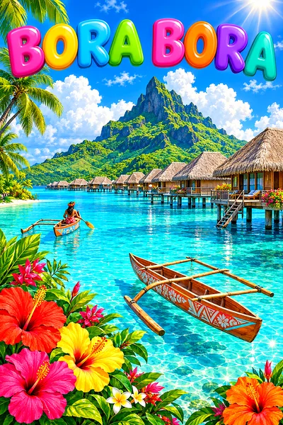 A whimsical illustration of Bora Bora on a bright sunny day, with turquoise lagoon, overwater bungalows, green volcanic peak, outrigger canoes, hibisc