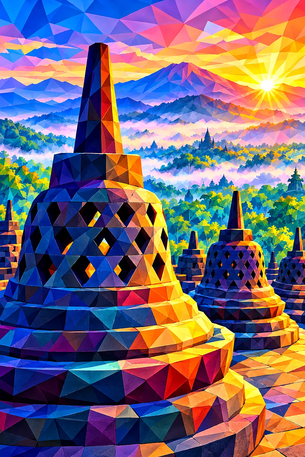 Faceted low-poly geometric diamond painting of Borobudur Temple stupas at dawn, with sharp color gradients and a sparkling winter aesthetic, in portra