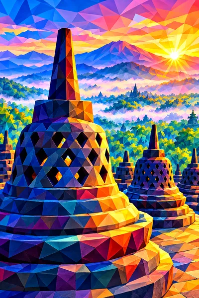 Faceted low-poly geometric diamond painting of Borobudur Temple stupas at dawn, with sharp color gradients and a sparkling winter aesthetic, in portra