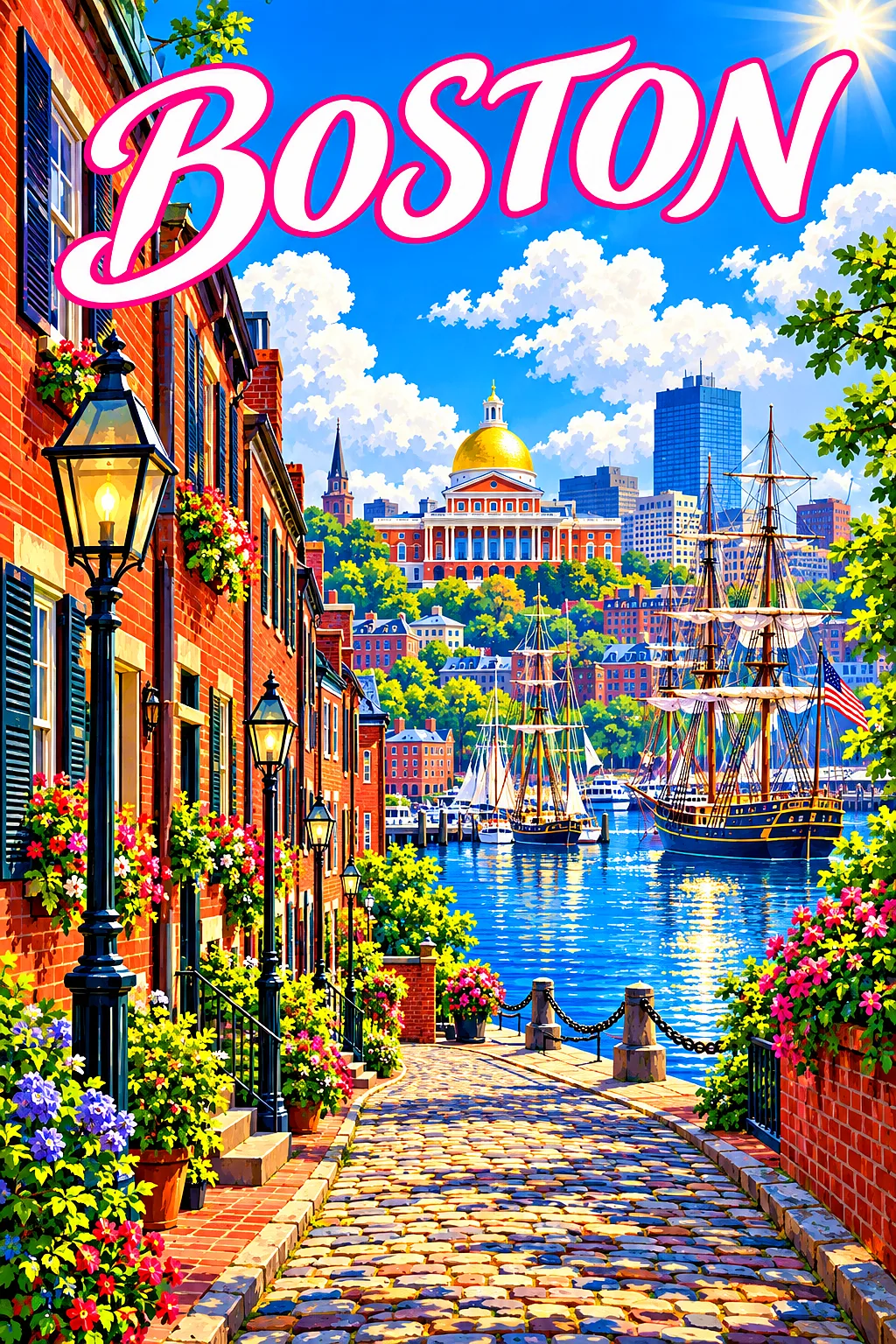 Retro vintage illustration of Boston by day, featuring red brick townhouses, cobblestones, tall ships in a harbor, and a golden-domed statehouse under