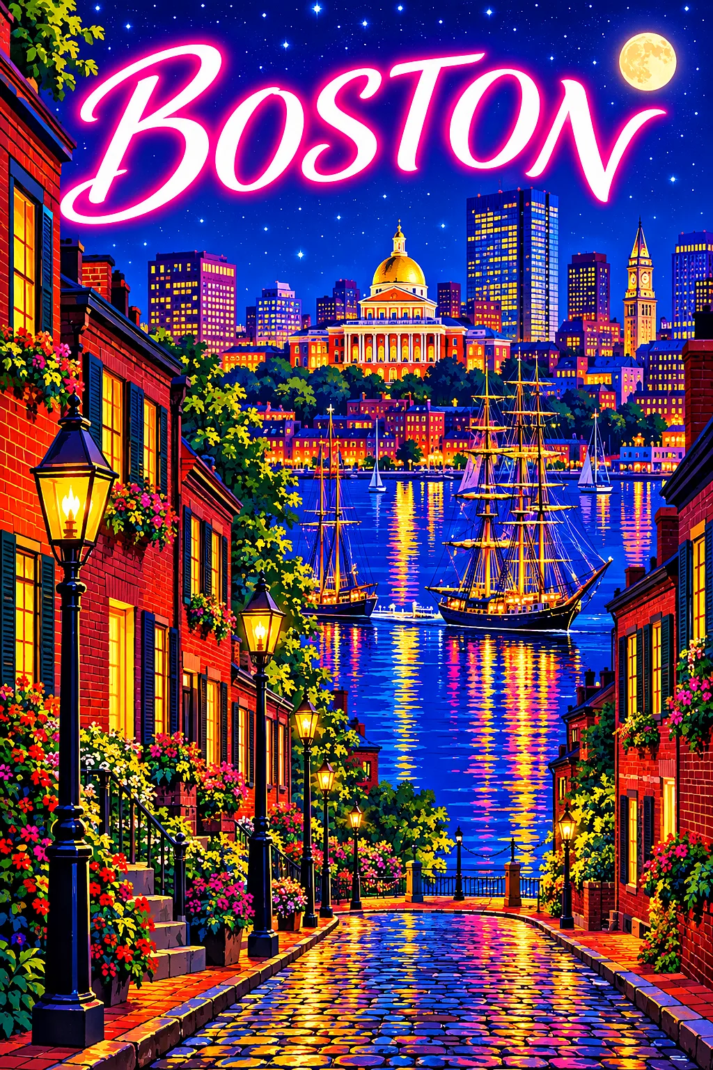 Retro vintage illustration diamond painting of Boston by night with red brick buildings, gas lamps, tall ships, a golden-domed statehouse, and city li