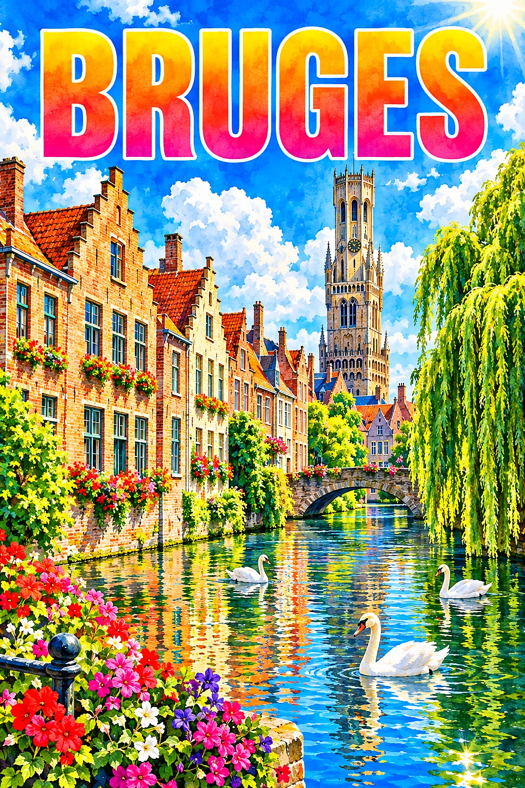 A portrait diamond painting featuring a luminous watercolor scene of Bruges by day, with stepped-gable houses, swans on a canal, a belfry, willow tree