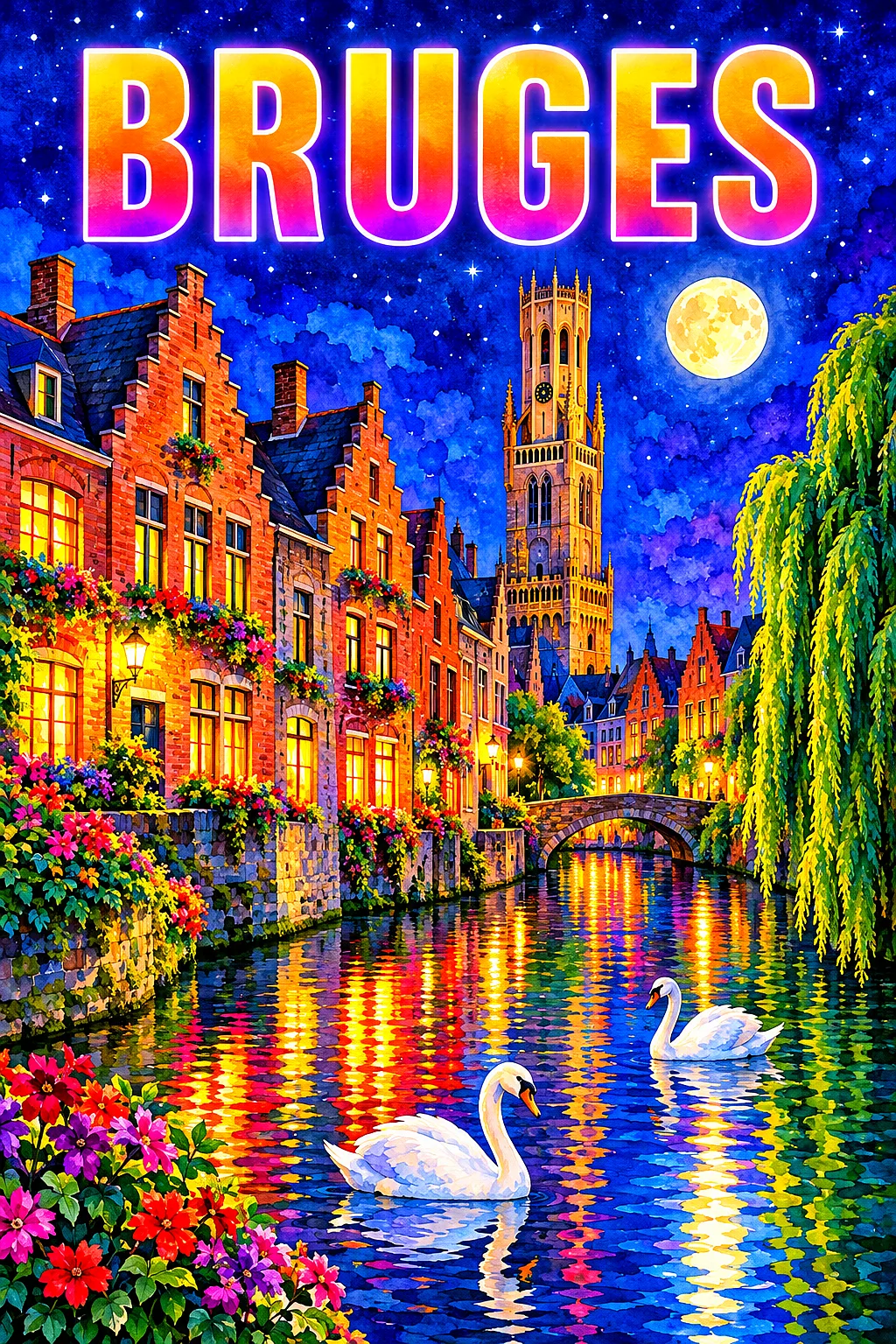 Portrait diamond painting of Bruges at night, featuring a canal, brick houses, swans, a belfry, willow trees, warm glowing windows, and colorful city
