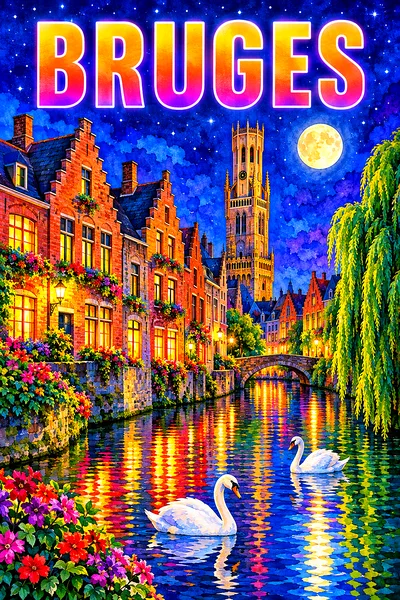 Portrait diamond painting of Bruges at night, featuring a canal, brick houses, swans, a belfry, willow trees, warm glowing windows, and colorful city