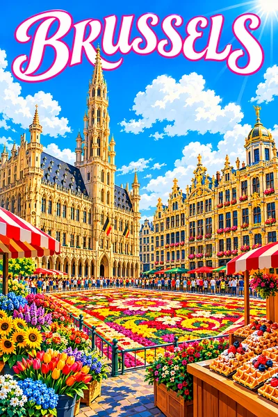Retro vintage illustration of a golden gothic grand square in Brussels with a flower carpet, waffle stand, and ornate guildhalls under a bright blue s
