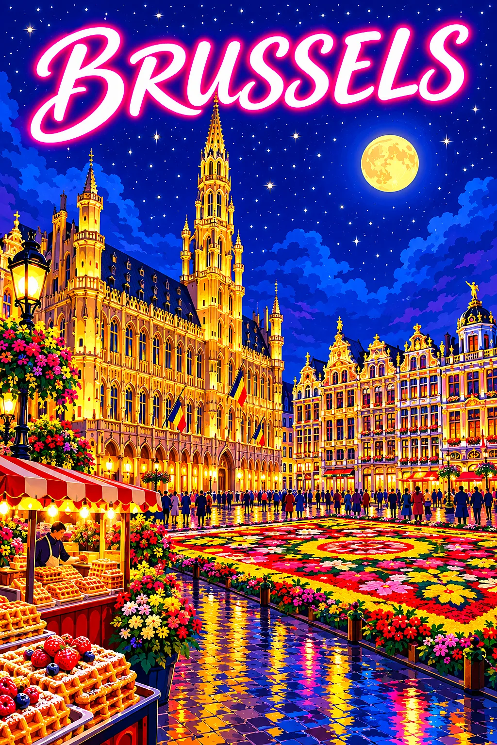 Retro vintage illustration of Brussels grand square at night, with glowing gothic guildhalls, a flower carpet, waffle stand, starry indigo sky, and mo