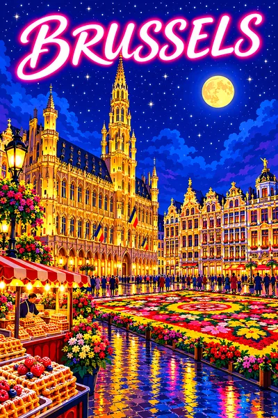 Retro vintage illustration of Brussels grand square at night, with glowing gothic guildhalls, a flower carpet, waffle stand, starry indigo sky, and mo