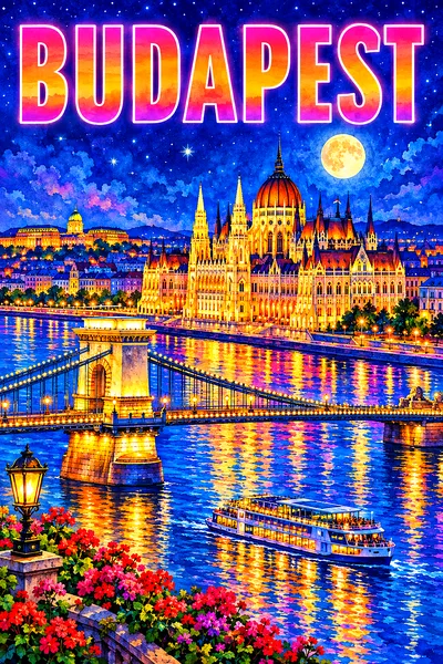 Portrait diamond painting of Budapest by night, showing a gothic parliament with spires, a chain bridge, river cruise boat, glowing windows, and city