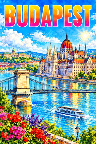Portrait diamond painting kit featuring a luminous watercolor of the Budapest parliament building with spires, a chain bridge, and a river cruise boat
