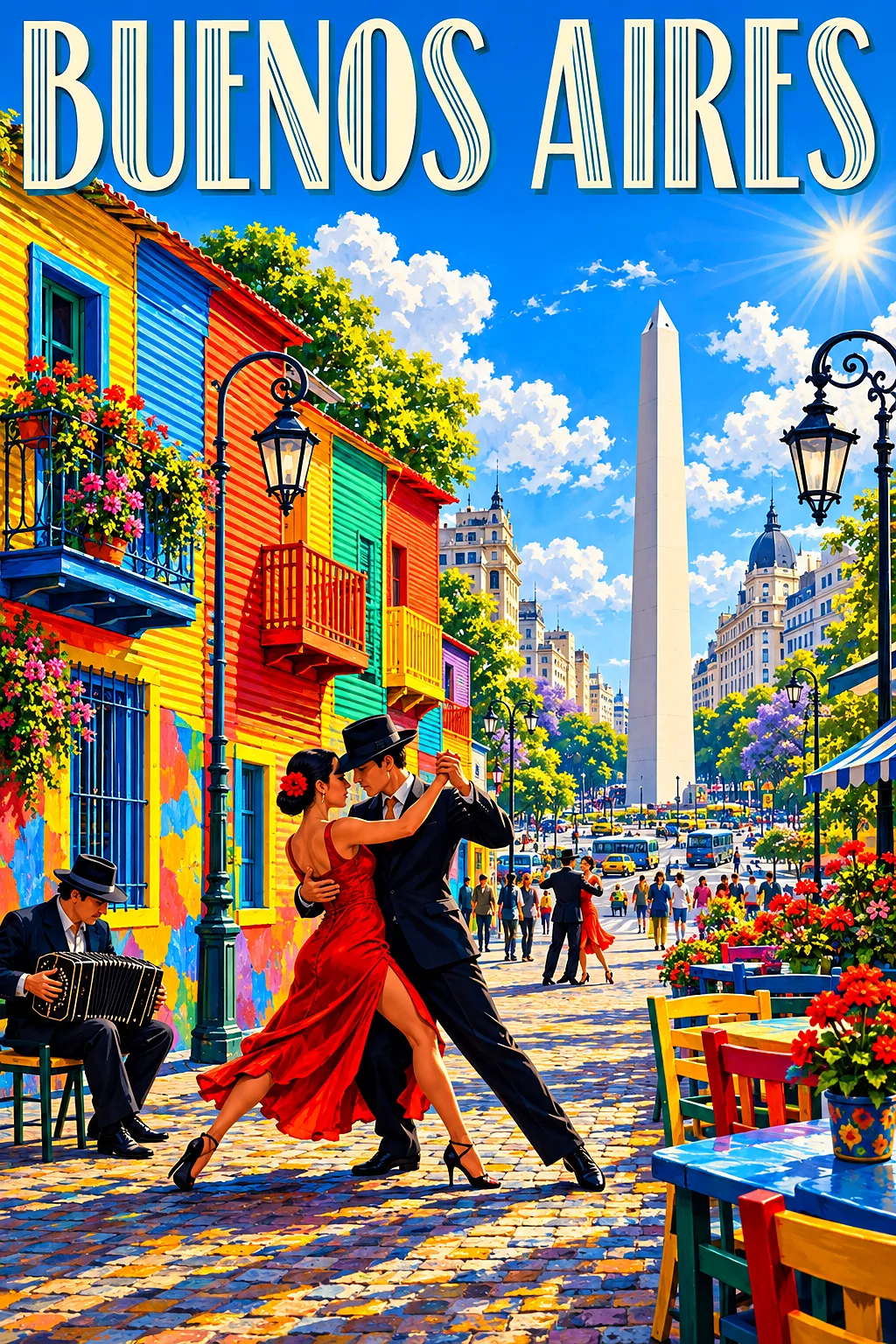 A portrait-oriented diamond painting kit design showing a colorful street in Buenos Aires with tango dancers, bright blue sky, and an obelisk in the b