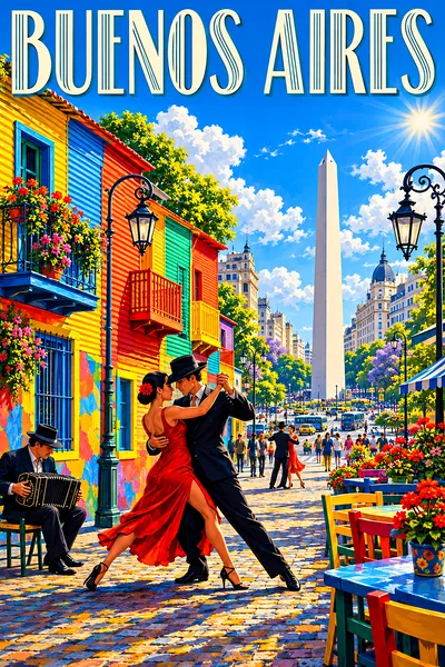 A portrait-oriented diamond painting kit design showing a colorful street in Buenos Aires with tango dancers, bright blue sky, and an obelisk in the b