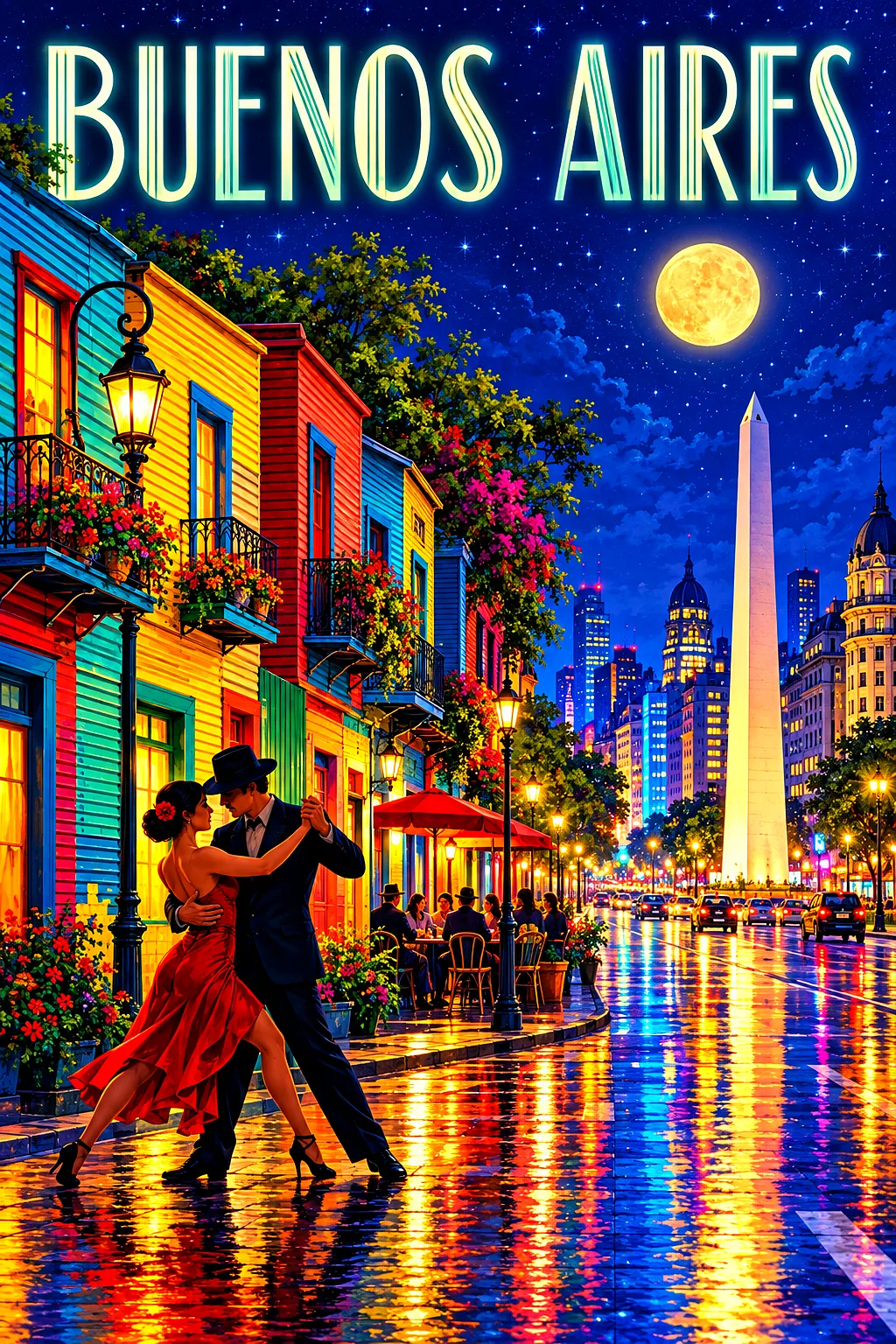 A portrait-oriented diamond painting design showing a colorful street scene in Buenos Aires at night with tango dancers, an obelisk, glowing windows,