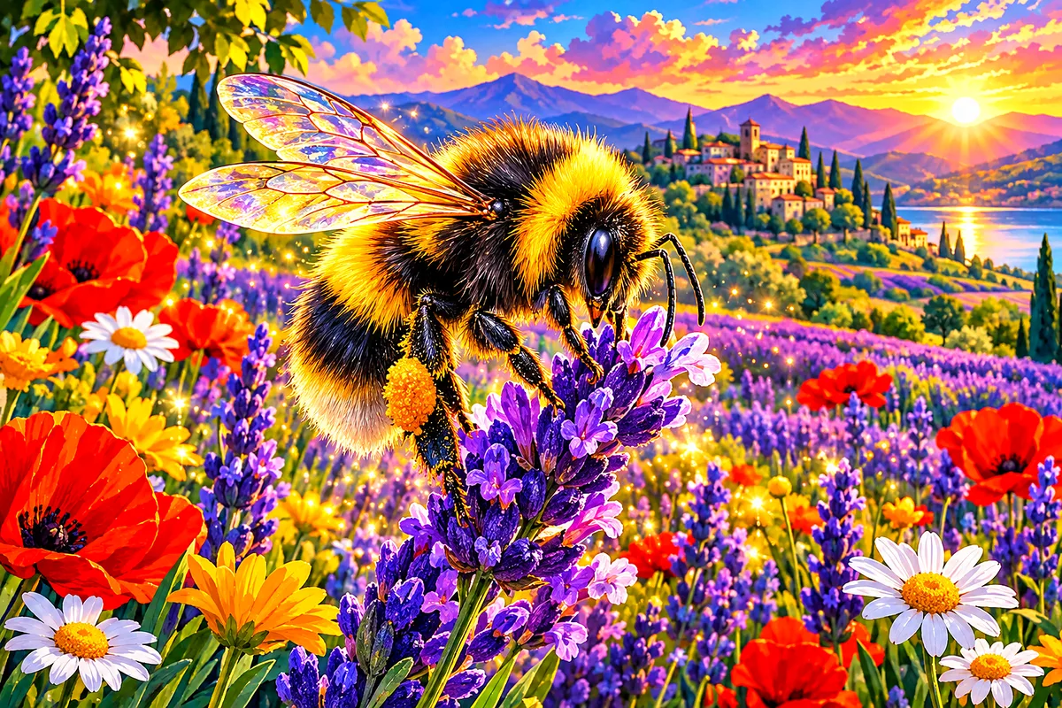 Close-up of a dreamy fantasy illustration diamond painting kit featuring a bumblebee in a glowing lavender field with colorful flowers and magical spa