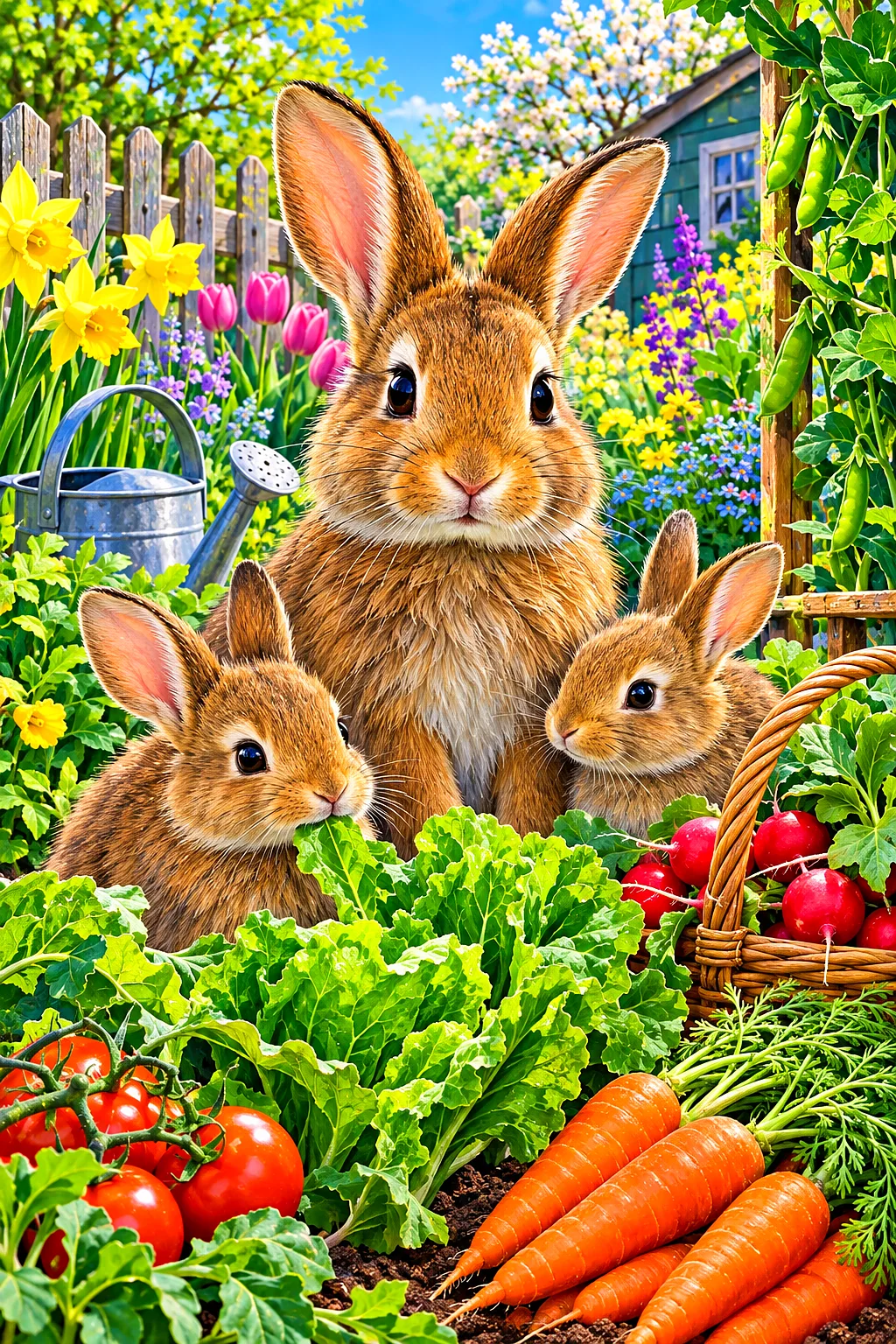 Two fluffy brown and white bunny rabbits in a lush, detailed spring vegetable garden with green leaves and colorful flowers, all in a bright, vivid bo