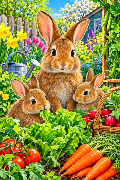 Two fluffy brown and white bunny rabbits in a lush, detailed spring vegetable garden with green leaves and colorful flowers, all in a bright, vivid bo
