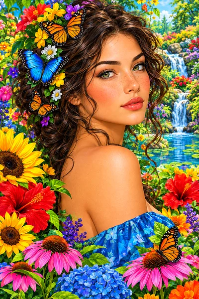 Portrait diamond painting of a woman with colorful butterflies in her hair and surrounded by lush, vivid flowers against a soft background.