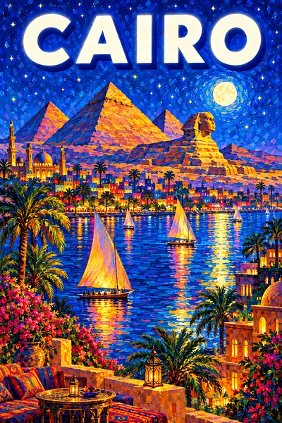 Cairo by night Egypt: the great pyramids and sphinx above a nile of felucca sailboats and palm trees, at night under a starry