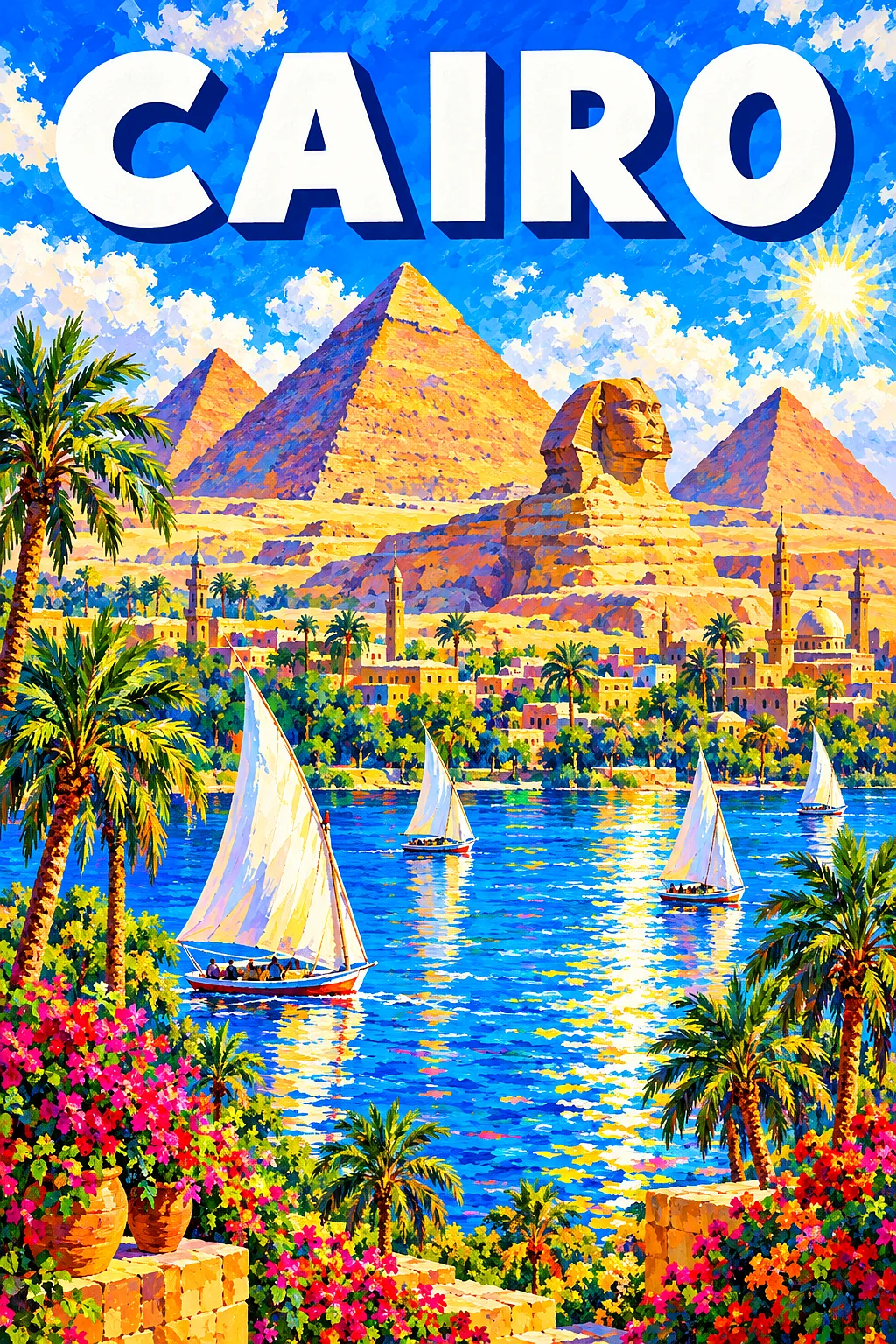 Impressionistic diamond painting kit of the Pyramids of Giza and the Sphinx with feluccas on the Nile under a vivid blue sky.