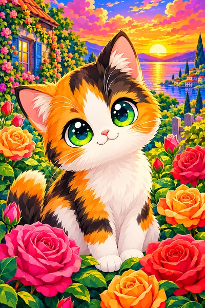 Portrait diamond painting featuring an adorable kawaii calico cat with big sparkling eyes among candy-colored garden roses under a vivid sunset sky.