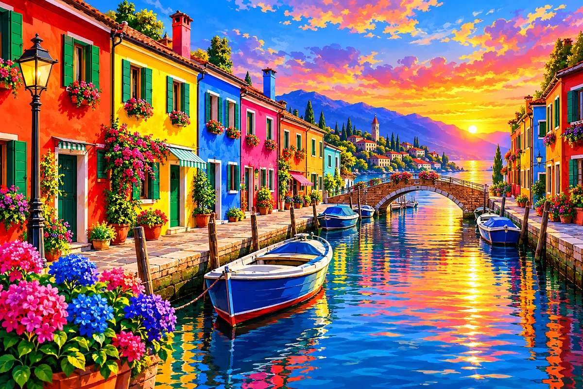 A wide, scenic landscape diamond painting depicting colorful townhouses along a canal, rendered in a polished digital style with cinematic lighting an