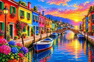 A wide, scenic landscape diamond painting depicting colorful townhouses along a canal, rendered in a polished digital style with cinematic lighting an