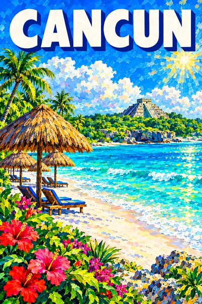 Portrait diamond painting kit featuring a sun-drenched white sand beach in Cancun with turquoise water, palapa umbrellas, a distant Mayan pyramid, a b