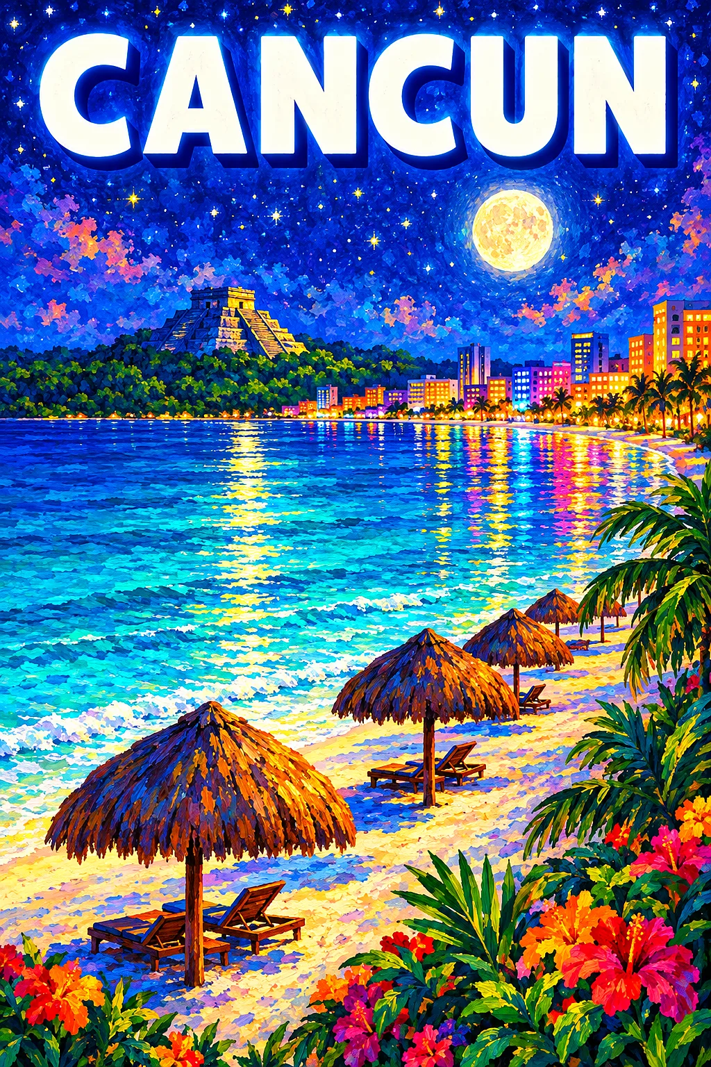 Impressionist diamond painting depicting a white sand beach in Cancun at night, with turquoise water, palapa umbrellas, a Mayan pyramid, starry indigo