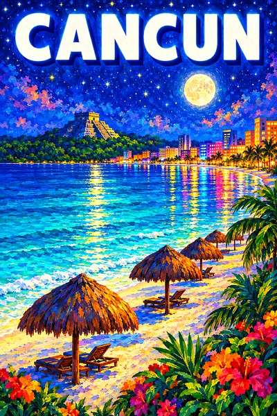 Impressionist diamond painting depicting a white sand beach in Cancun at night, with turquoise water, palapa umbrellas, a Mayan pyramid, starry indigo