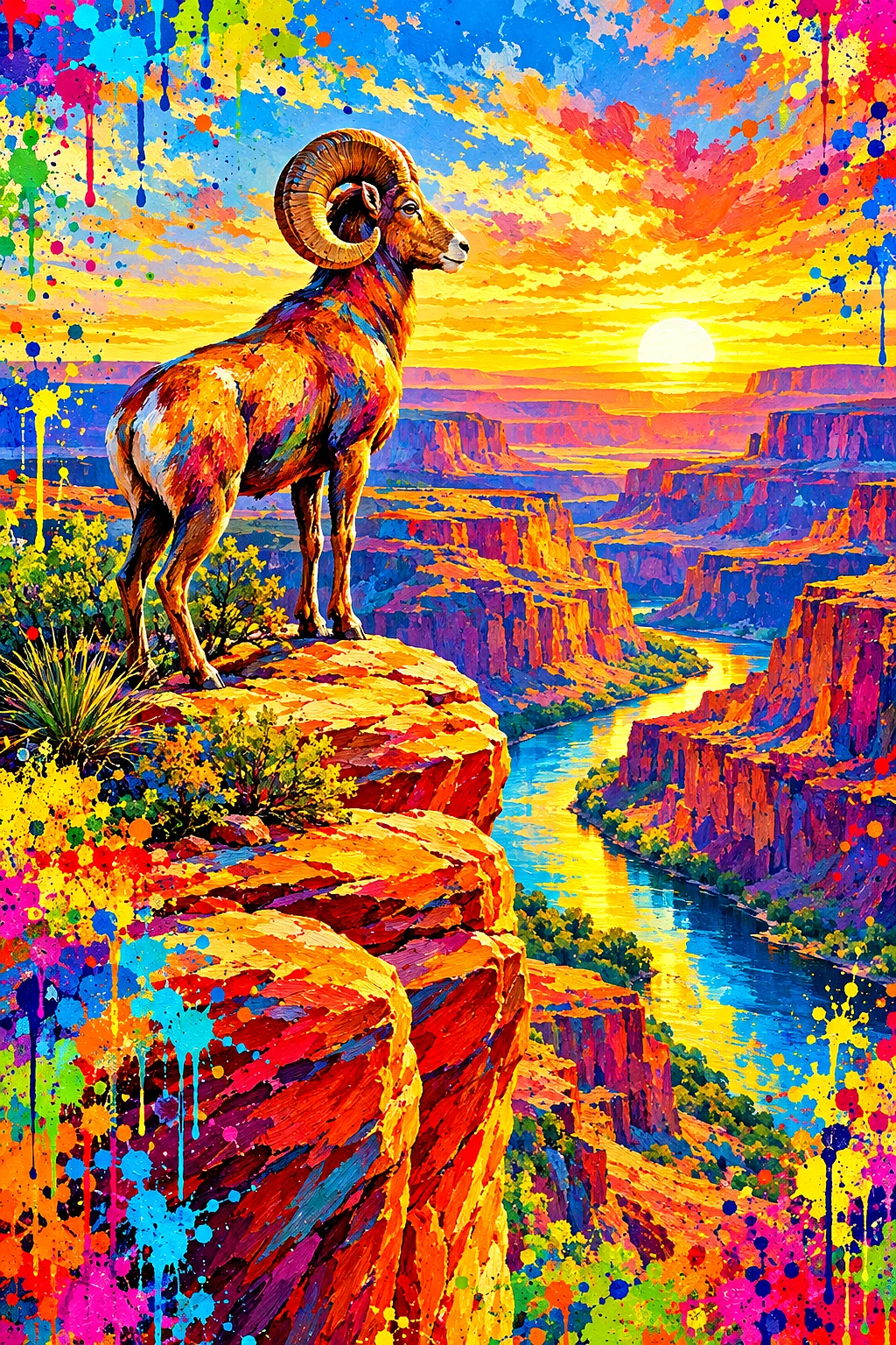 Portrait view of a desert canyon at golden hour, depicted in a high-energy acrylic painting style with rainbow paint splashes and drips across the roc