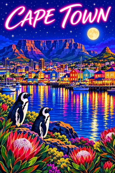 Retro vintage illustration style diamond painting of Cape Town at night with colorful houses, city lights reflecting on water, flat-topped mountain, s