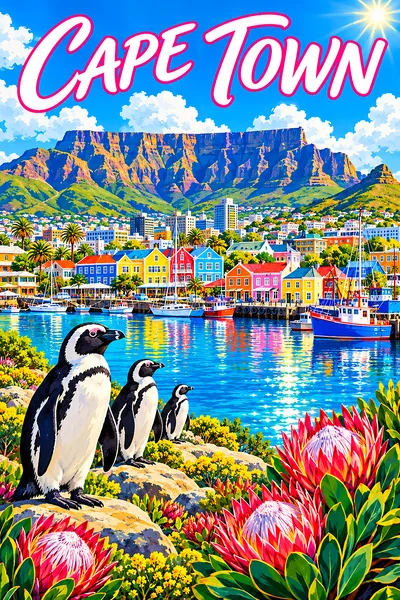 Retro vintage illustration style diamond painting kit depicting a bright, sunny Cape Town harbor with a flat-topped mountain, colorful houses, penguin