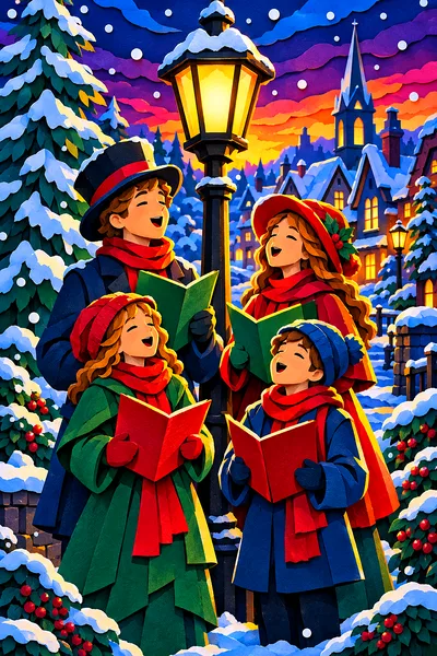 Portrait diamond painting of carolers singing under a lamppost in the snow, depicted in a layered papercut art style with dramatic rim lighting and de