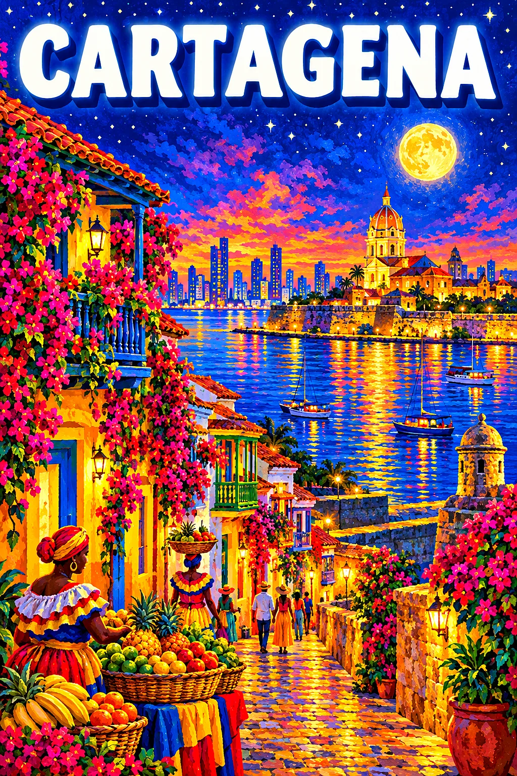 Cartagena by night Colombia: a walled old town of bougainvillea balconies, fruit vendors with baskets and a caribbean sunset,