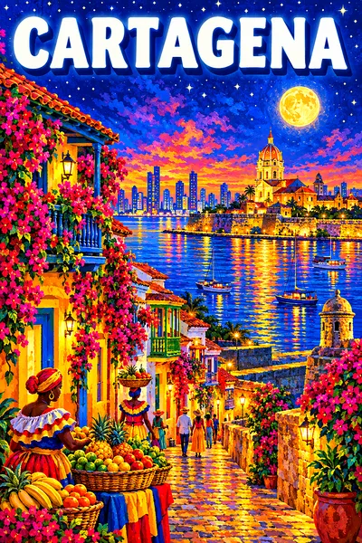 Cartagena by night Colombia: a walled old town of bougainvillea balconies, fruit vendors with baskets and a caribbean sunset,