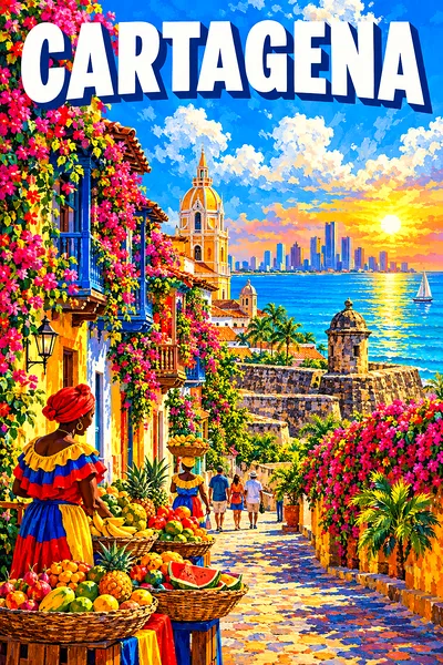 Impressionistic portrait diamond painting of a sunny Cartagena street with colorful buildings, bougainvillea, and fruit vendors under a blue sky.