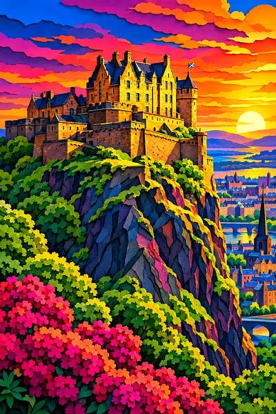 A layered papercut style diamond painting of a grand castle perched on a volcanic rock, illuminated by dramatic rim lighting and deep shadows, in a po