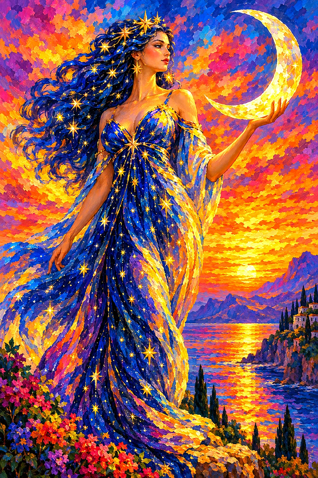 Portrait view of an impressionistic diamond painting of a celestial moon goddess made of stars under a vivid sunset sky, with radiant colors and dappl